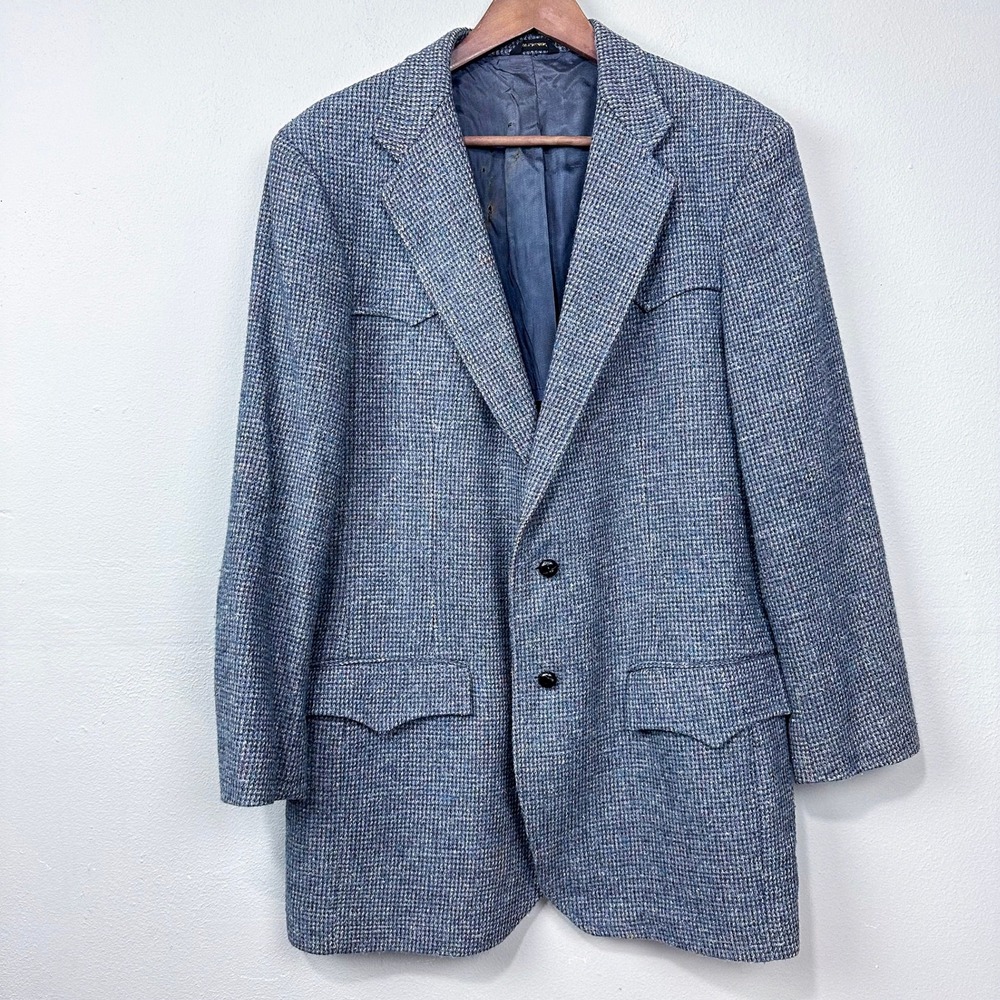 Vintage 70s 80s Lasso Western Blazer Size 44L Blue Tweed Elbow Patches Cheyenne